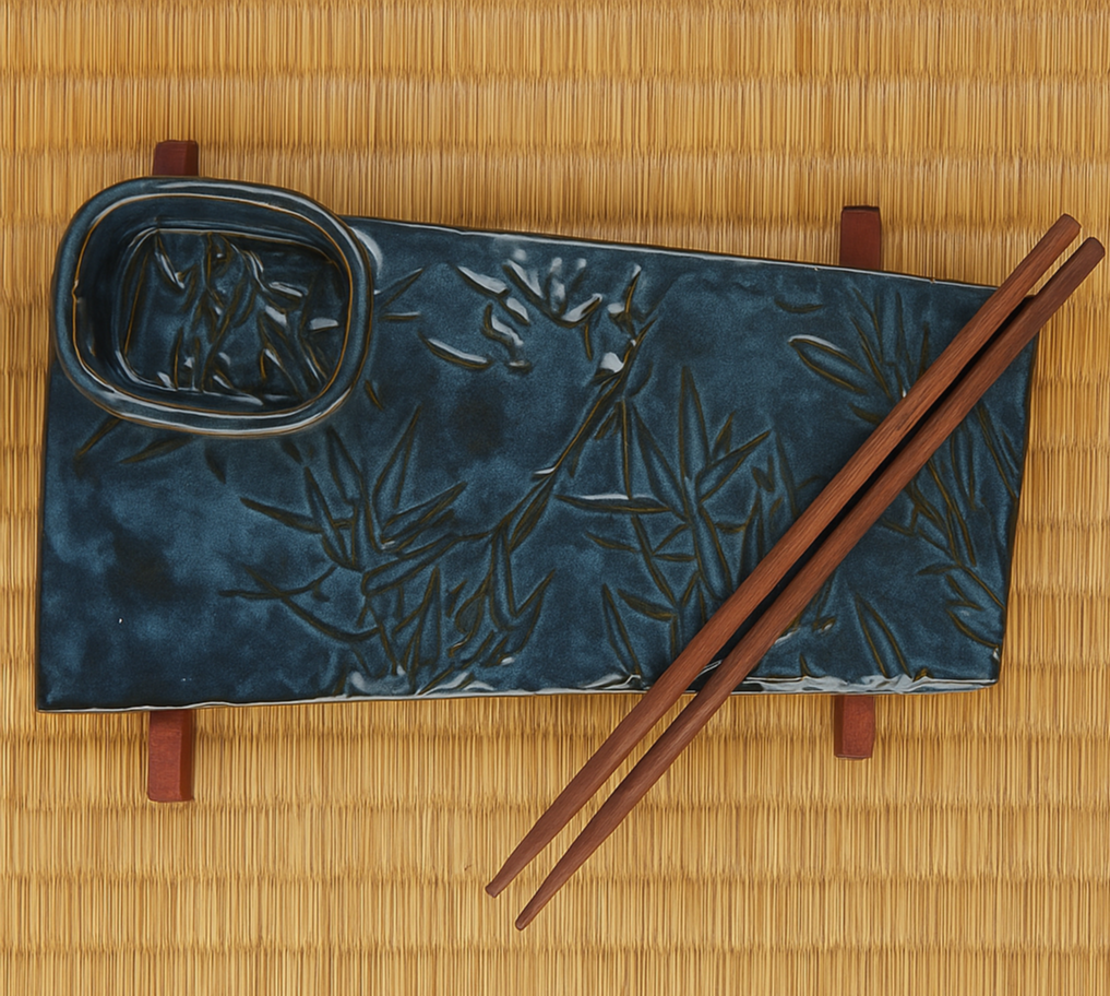 Ceramic and Wood Sushi Tray with Rosewood Chopsticks