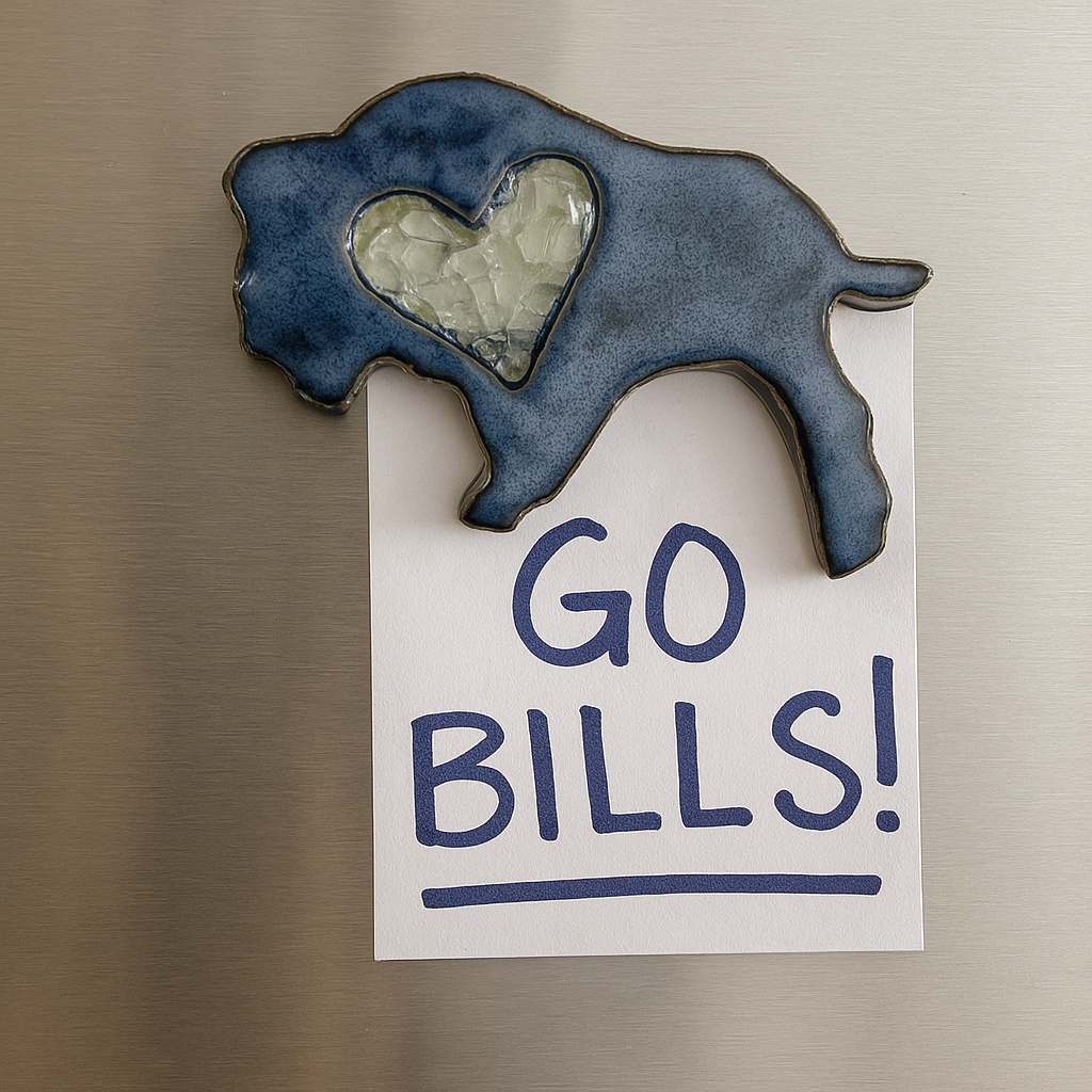 Blue Buffalo shaped magnet with light yellow glass inset