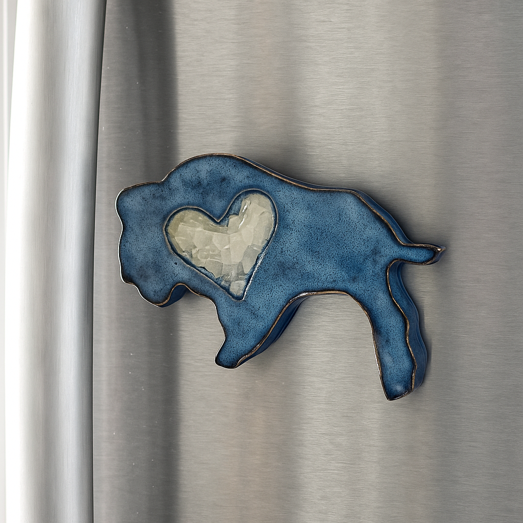 Blue Buffalo Magnet with white yellow crackle glass inset 