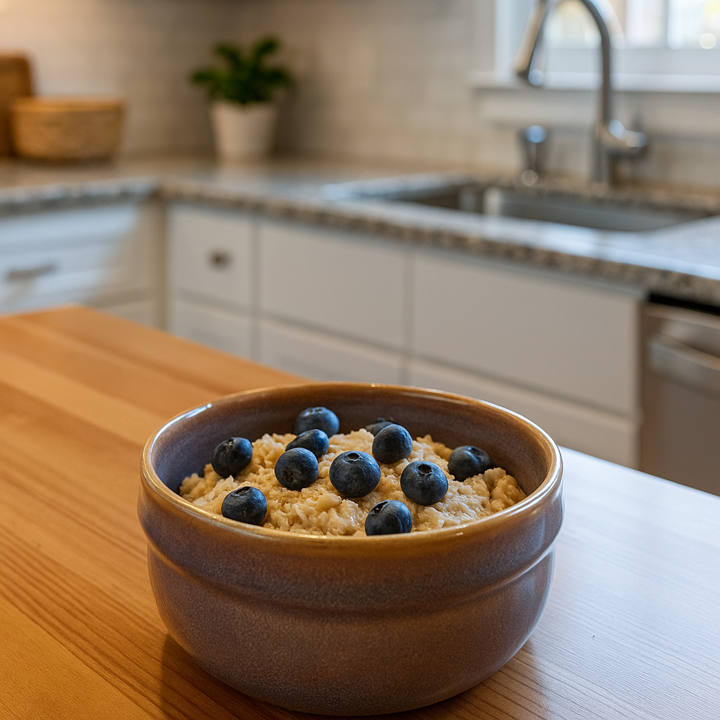oatmeal in a handmade ceramic bowl in pink purple glaze 